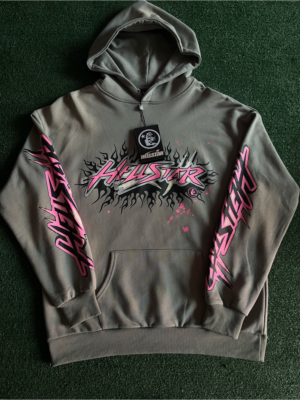 Hellstar Gray Hoodie Sweatshirt with Pink Graphic